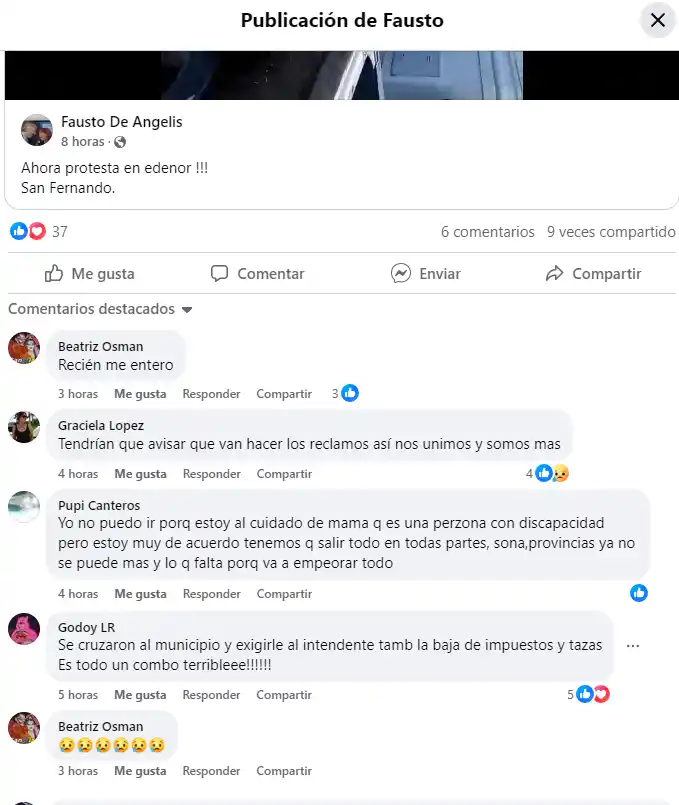 Reclamos en el facebook de "Vecinos en alerta San Fernando".