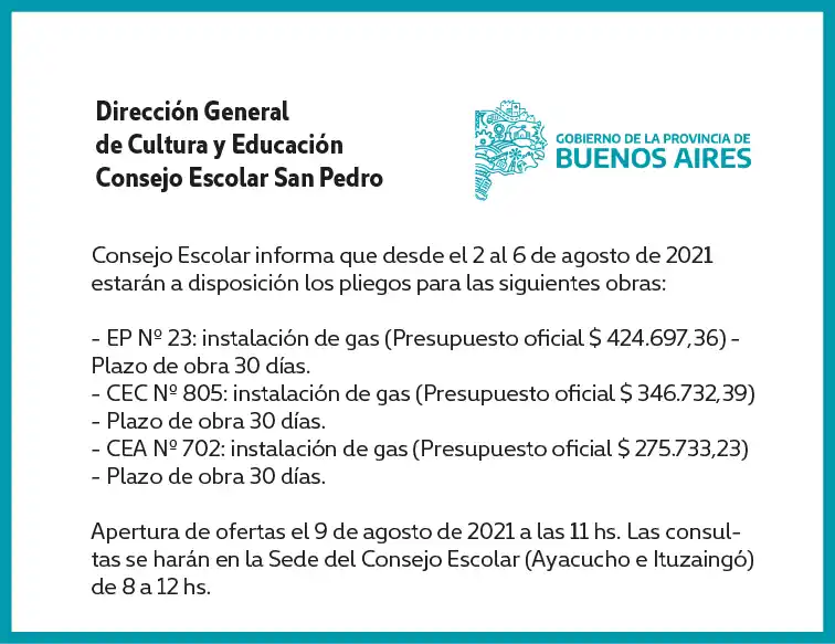 [Publicación Oficial] Informe Consejo Escolar: pliegos para obras en EP 23, CEC 805 y CEA 702