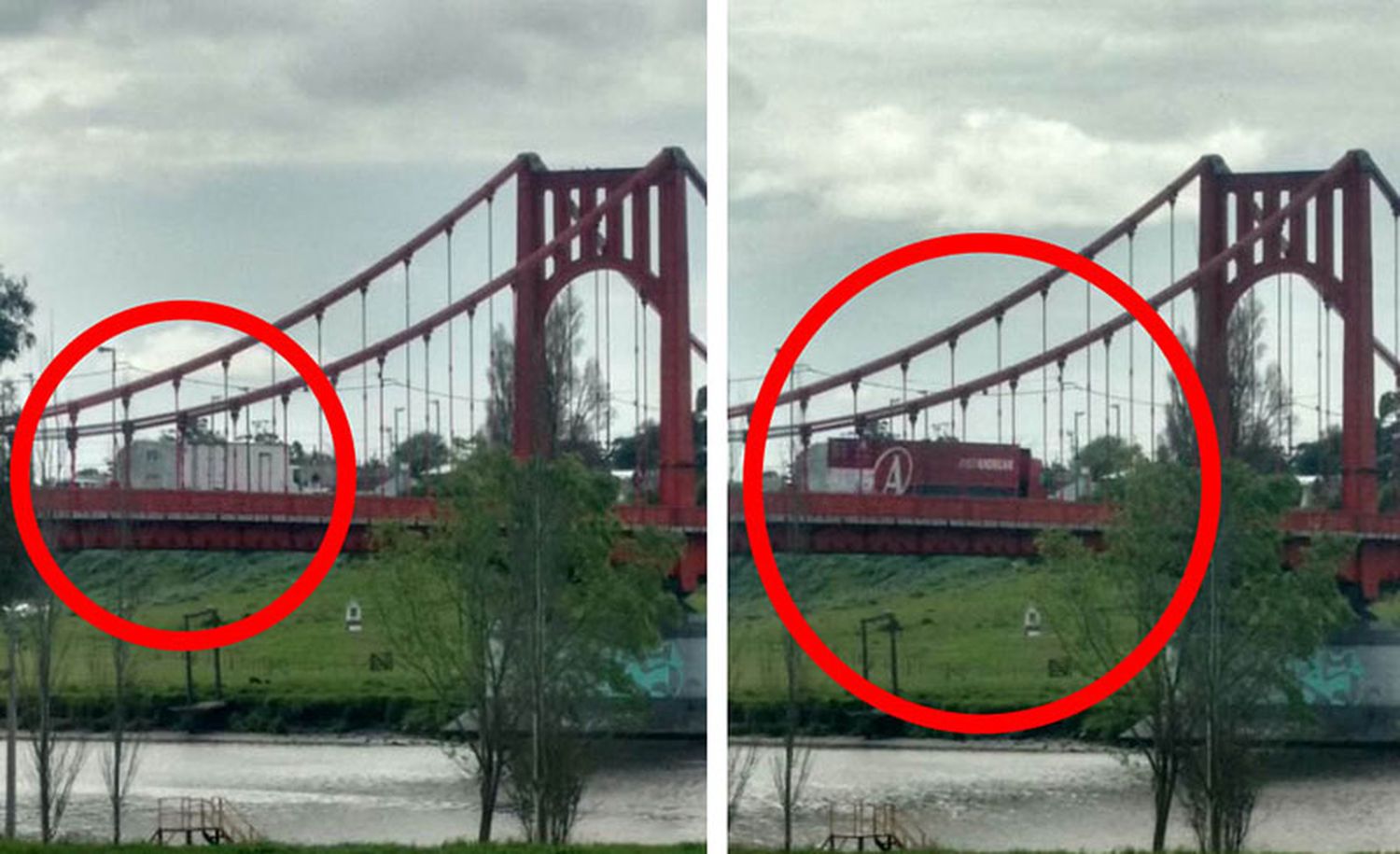 Pese a estar prohibido los camiones, pasan por el Colgante