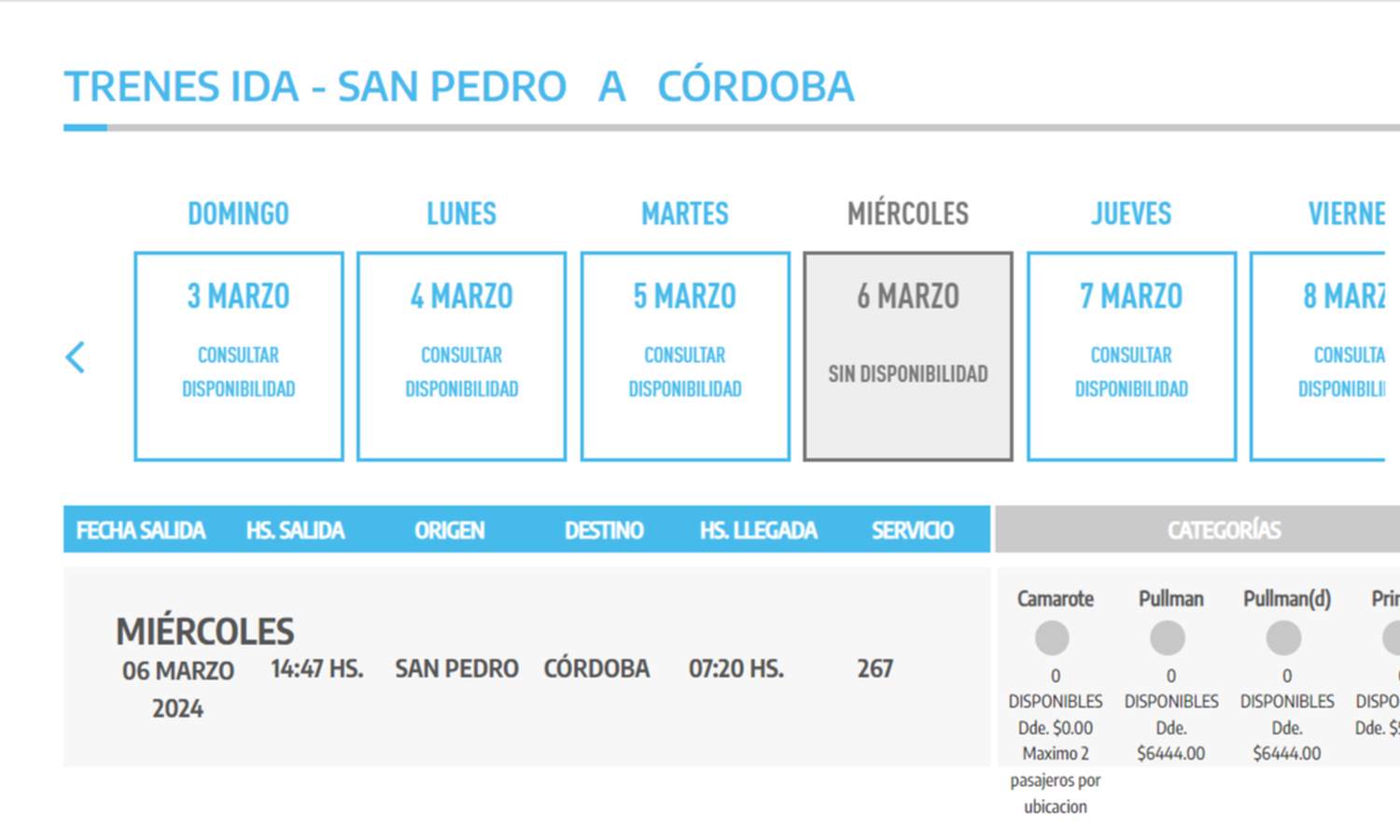 Pantalla pasajes en tren