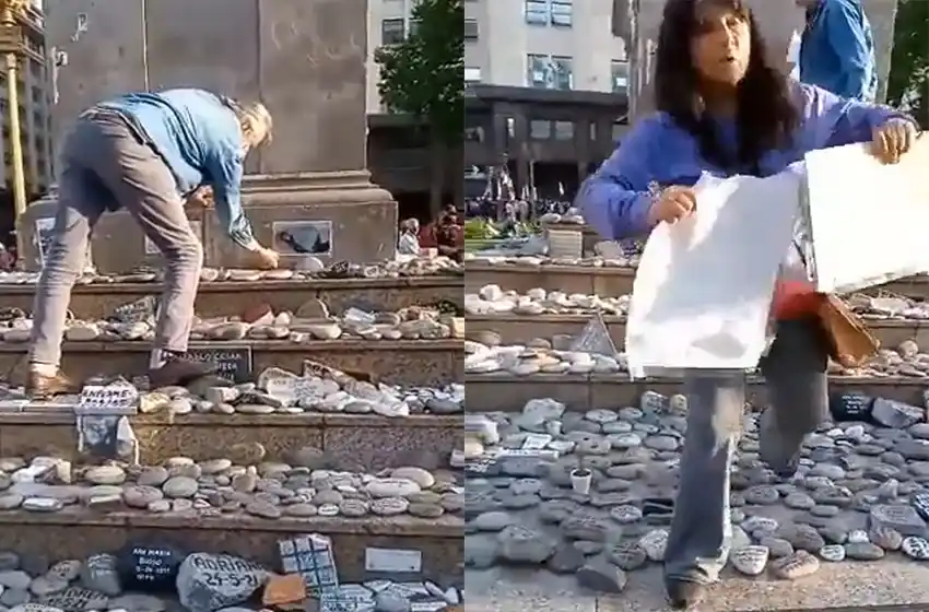 En la Plaza de Mayo militantes peronistas arrancaron fotos y carteles del homenaje de la marcha de las piedras