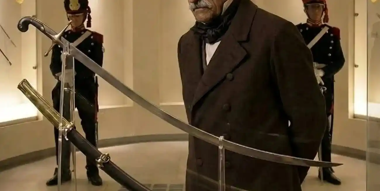 El general José de San Martín, ya en la vejez, contemplando su famoso sable corvo. Recreación digital del ilustrador Ramiro Ghigliazza. El célebre militar habría sido el primero en introducir esta clase de arma en América.