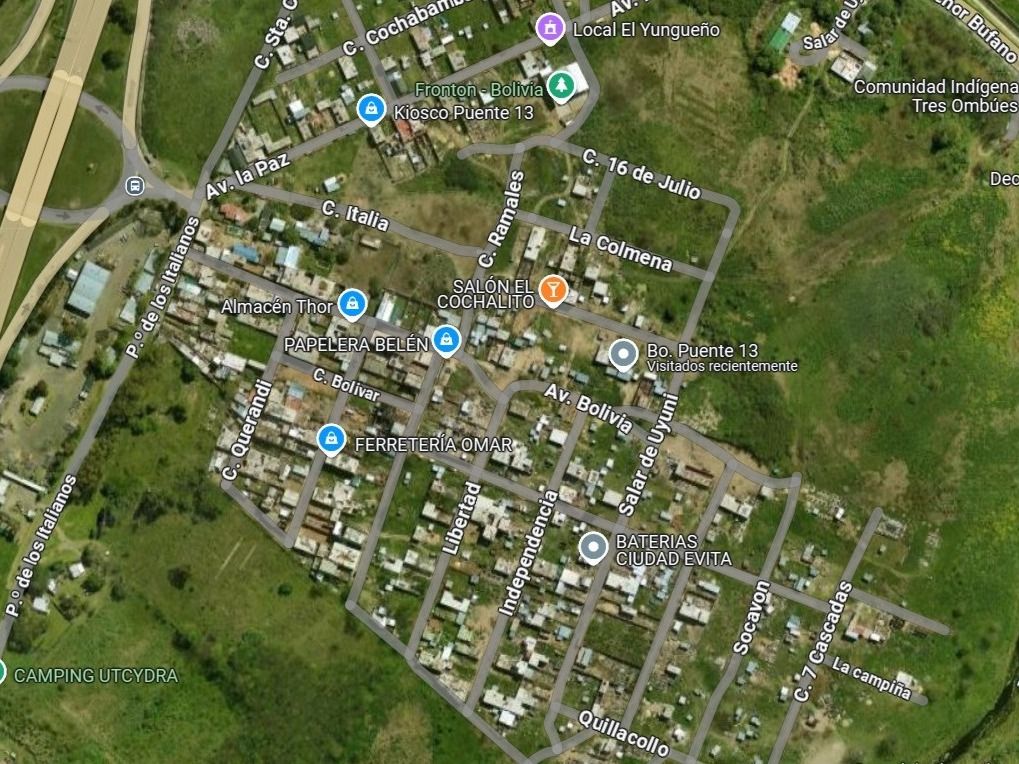 Tierra tomada. Imagen satelital del Barrio Puente 13, en 2025.