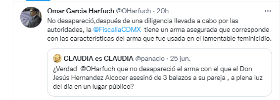 El mensaje en el que se ratifica que las autoridades tienen el arma con la que mataron a Yrma Lidya. Foto Twitter