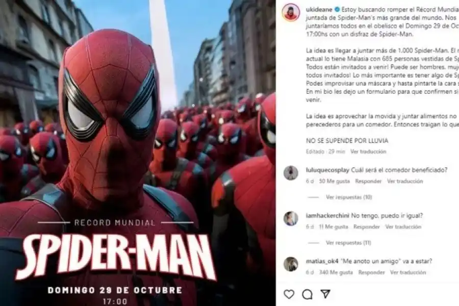 Un influencer lanzó una convocatoria para organizar la juntada de Spidermans más grande del mundo en el Obelisco