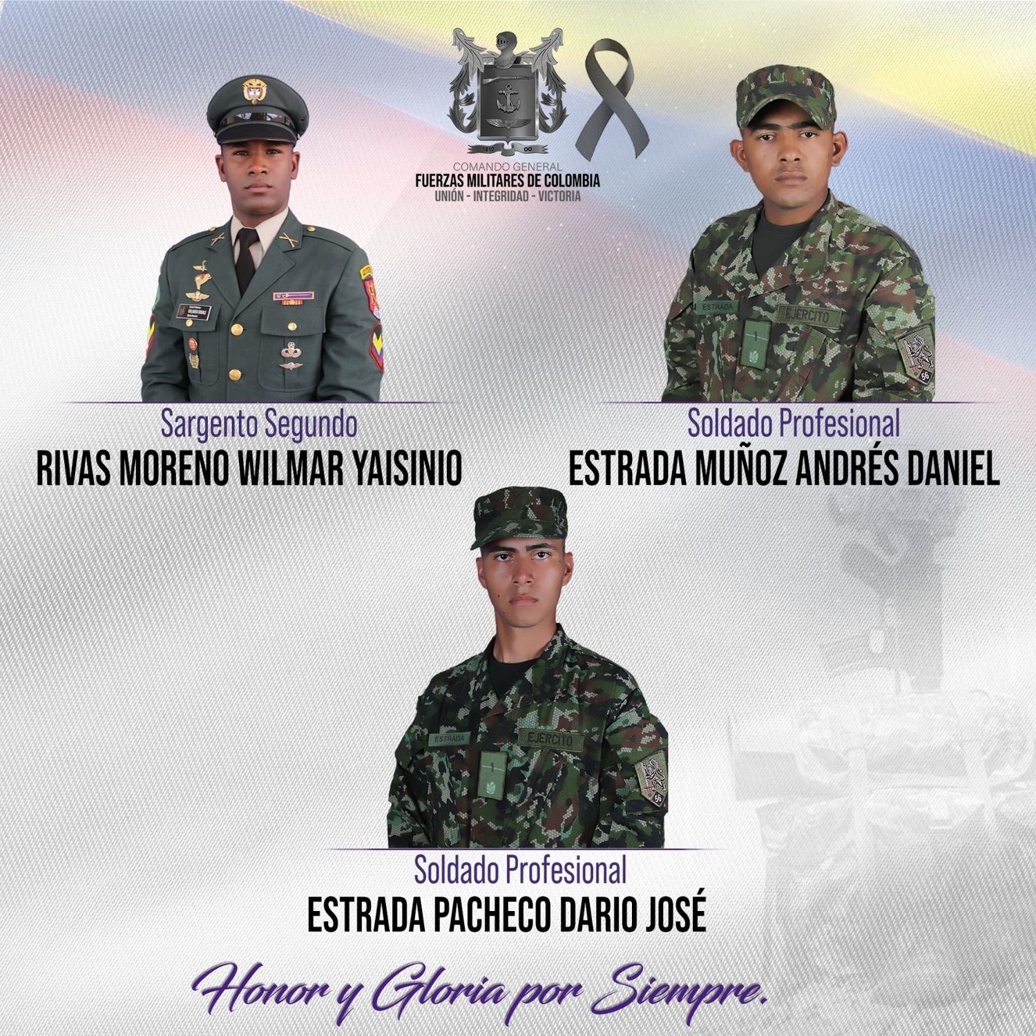 Los uniformados fueron identificados como el sargento segundo Wilmar Rivas Moreno y los soldados profesionales Andrés Estrada Muñoz y Darío Estrada Pacheco
