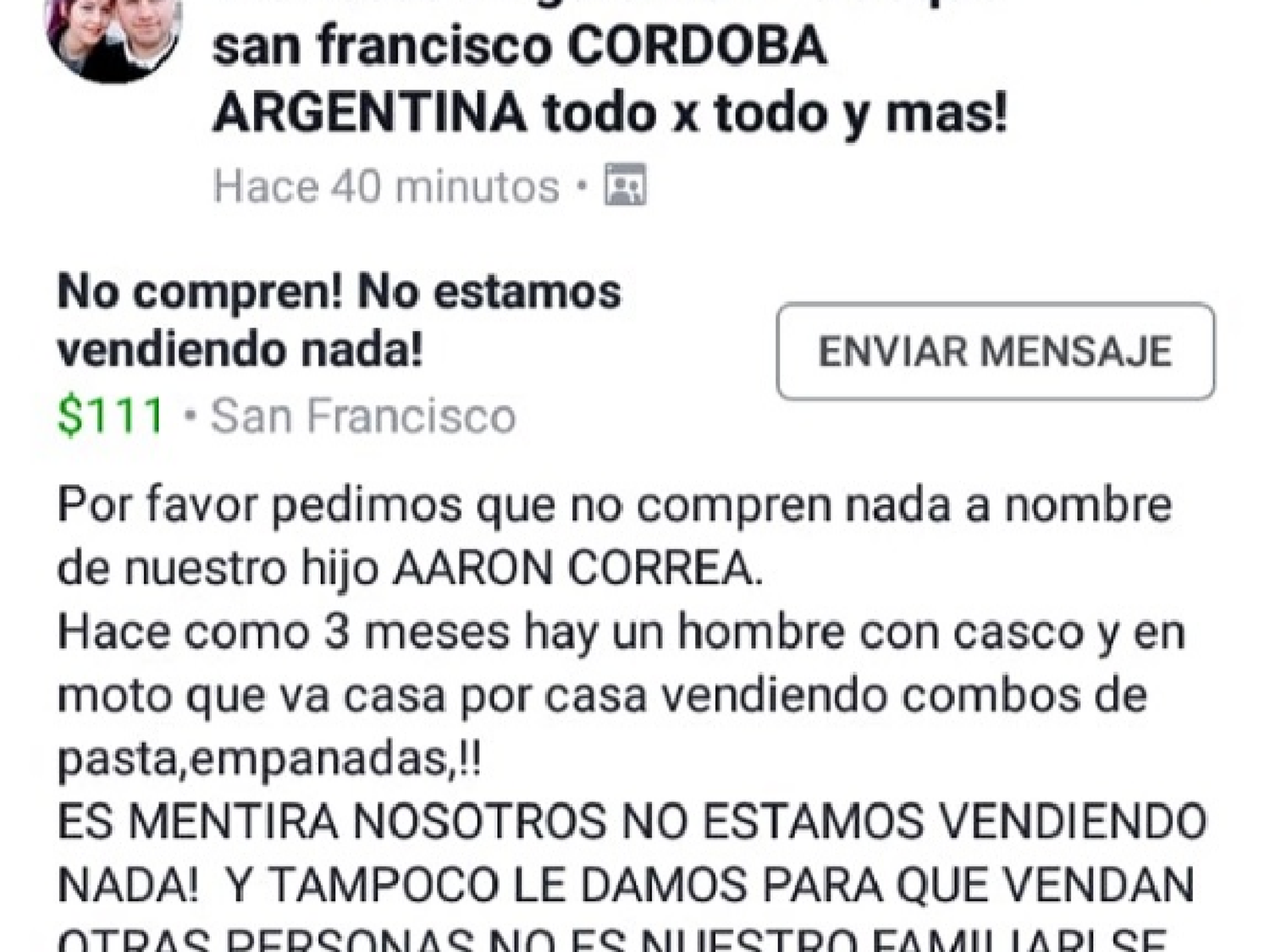 La familia de Aarón Correa alerta sobre ventas falsas