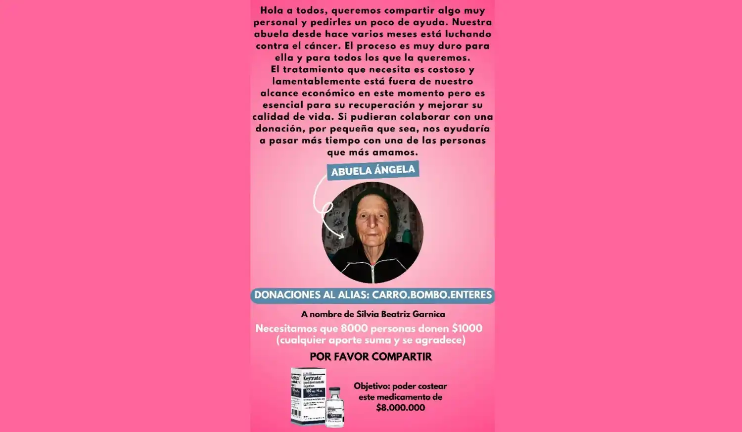 Buscan juntar $ 8 millones para costear el tratamiento de una jubilada de Morteros con cáncer