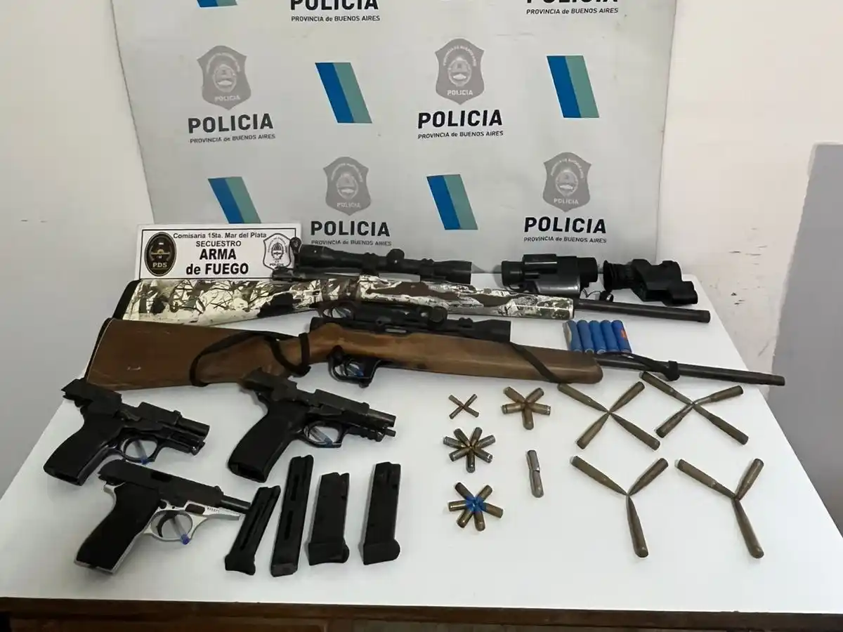 El acusado entregó de manera voluntaria varias armas que tenía en su poder: tres pistolas Bersa (calibres .22, .45 y 9 mm), una carabina calibre .22, un fusil Mauser 7,65, dos miras térmicas y municiones de distintos calibres.