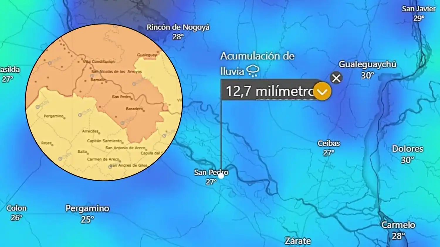 Las probabilidades de lluvias dejarían 12 milímetros sobre San Pedro, mientras rige la alerta naranja por calor (Fuente Windy).