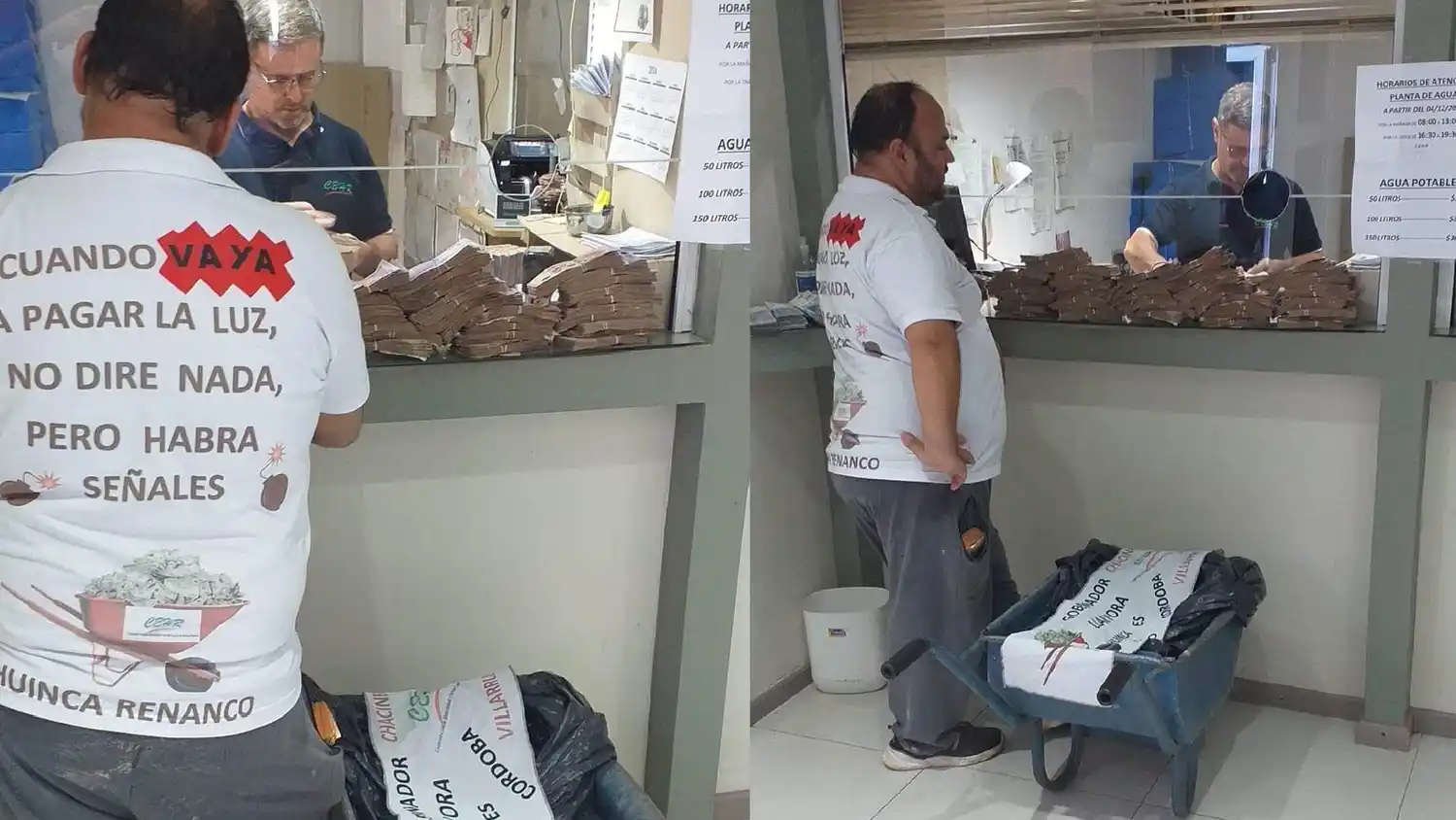 Córdoba: fue a pagar una factura de $840 mil de luz con una carretilla cargada de plata