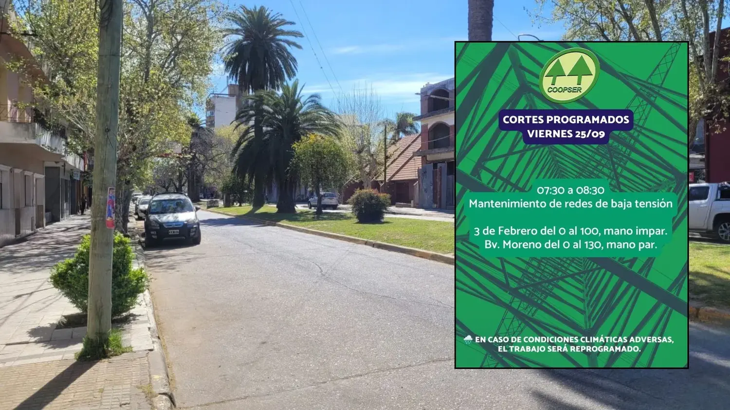 CoopSer anunció un corte programado de energía para este viernes en Avenida 3 de Febrero y Boulevard Moreno.