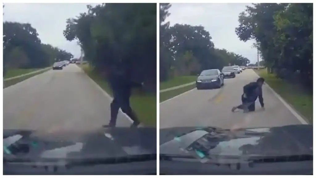 A pesar de lo aparatoso del accidente, el joven, se levanta del suelo como si nada.