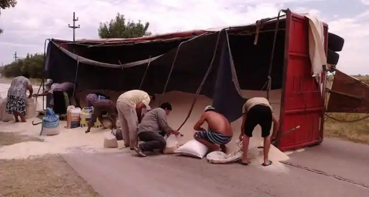 Camión que transportaba arroz volcó y vecinos se llevaron la mercadería