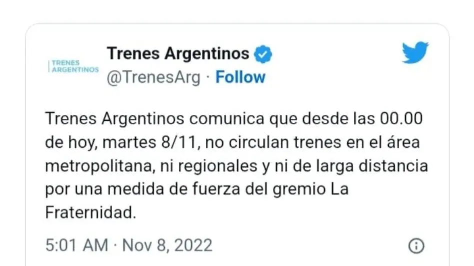Ferroviarios confirmaron un paro en todo el país a partir de las 00.00 de hoy