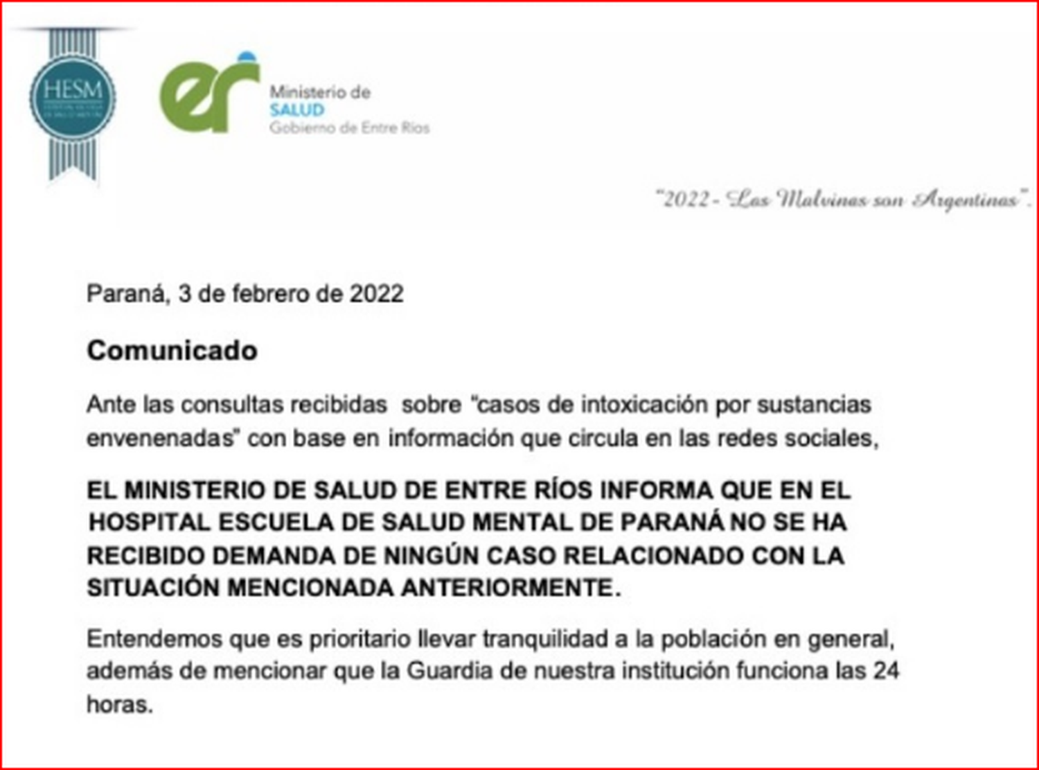 El Gobierno aclaró que no hubo casos vinculados a la “droga adulterada” en el Hospital de Salud Mental de Paraná