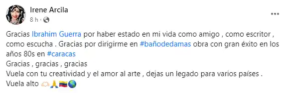 Actrices como irene Arcila manifestaron su pesar por la muerte de Ibrahím Guerra. Foto Facebook
