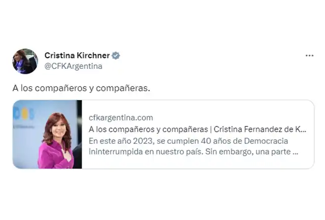 En una carta pública Cristina Kirchner reafirmó que no será candidata estas elecciones