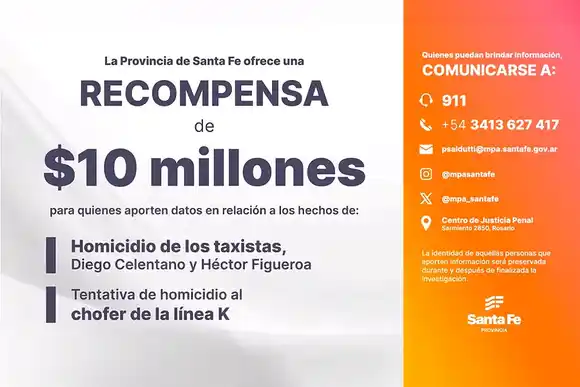 El gobierno recompensará con $10.000.000 a quienes aporten datos sobre los crímenes de los taxistas y el ataque al colectivero en Rosario
