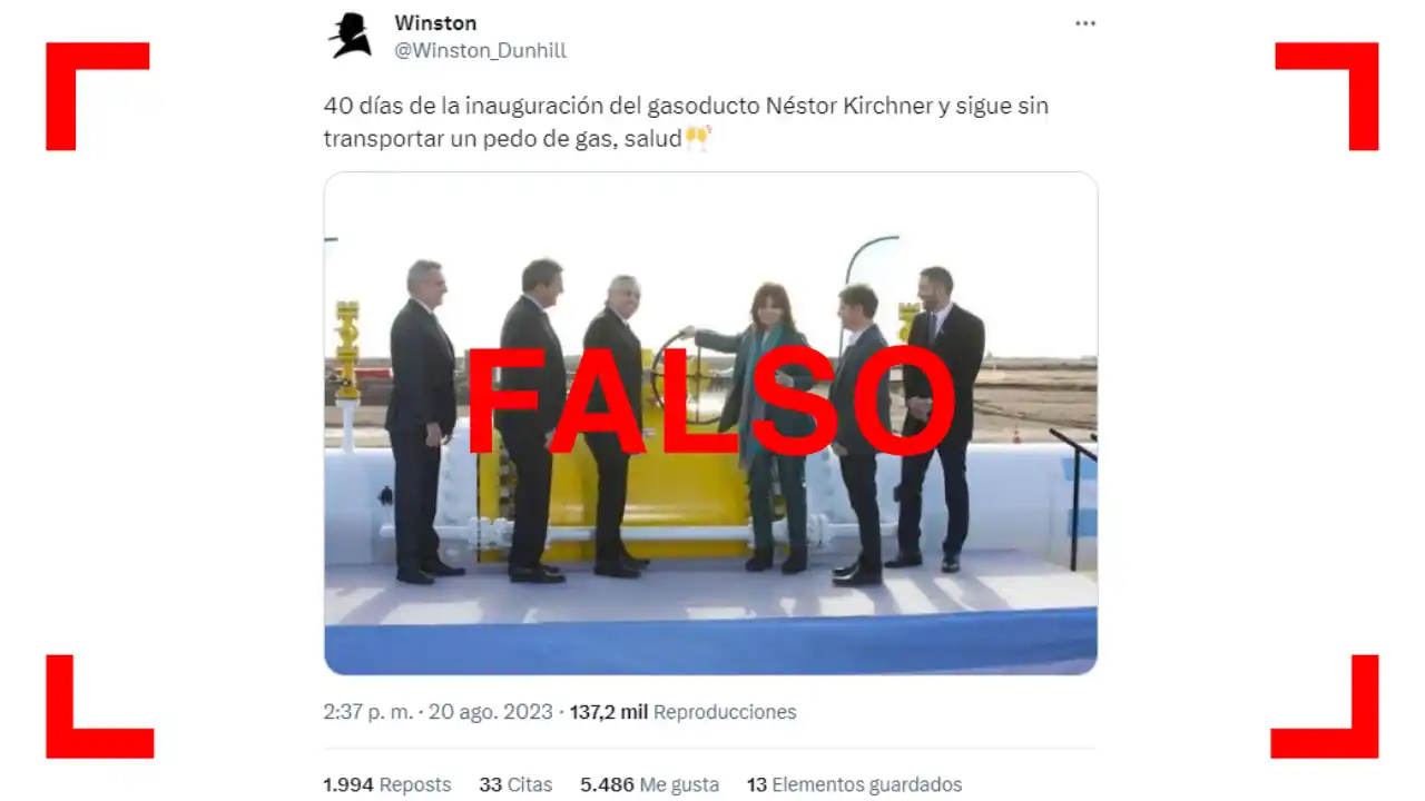 Es falso que el gasoducto Néstor Kirchner no esté transportando gas