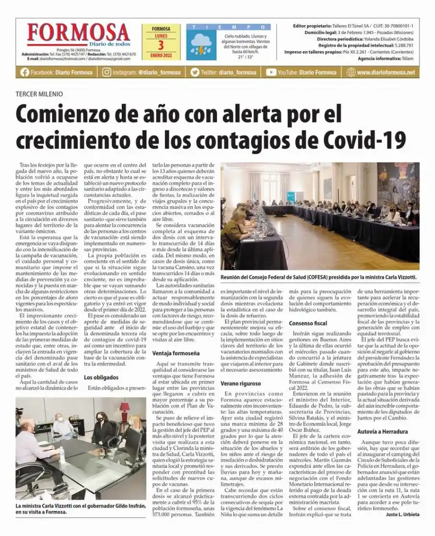 Tapa y Contratapa 3 de enero de 2022