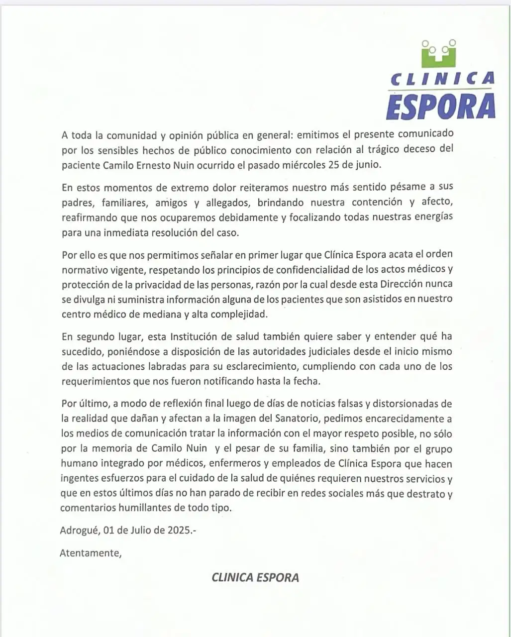comunicado camilio nuin