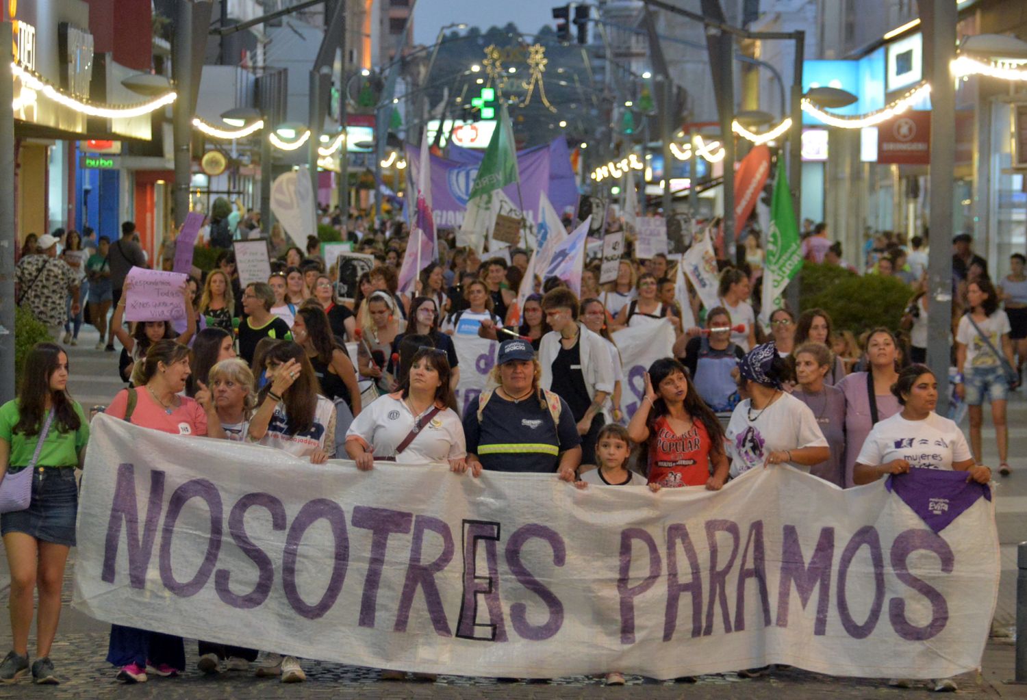 Luego de la concentración, la extensa columna de manifestantes comenzó su recorrido por el centro cerca de las 19.