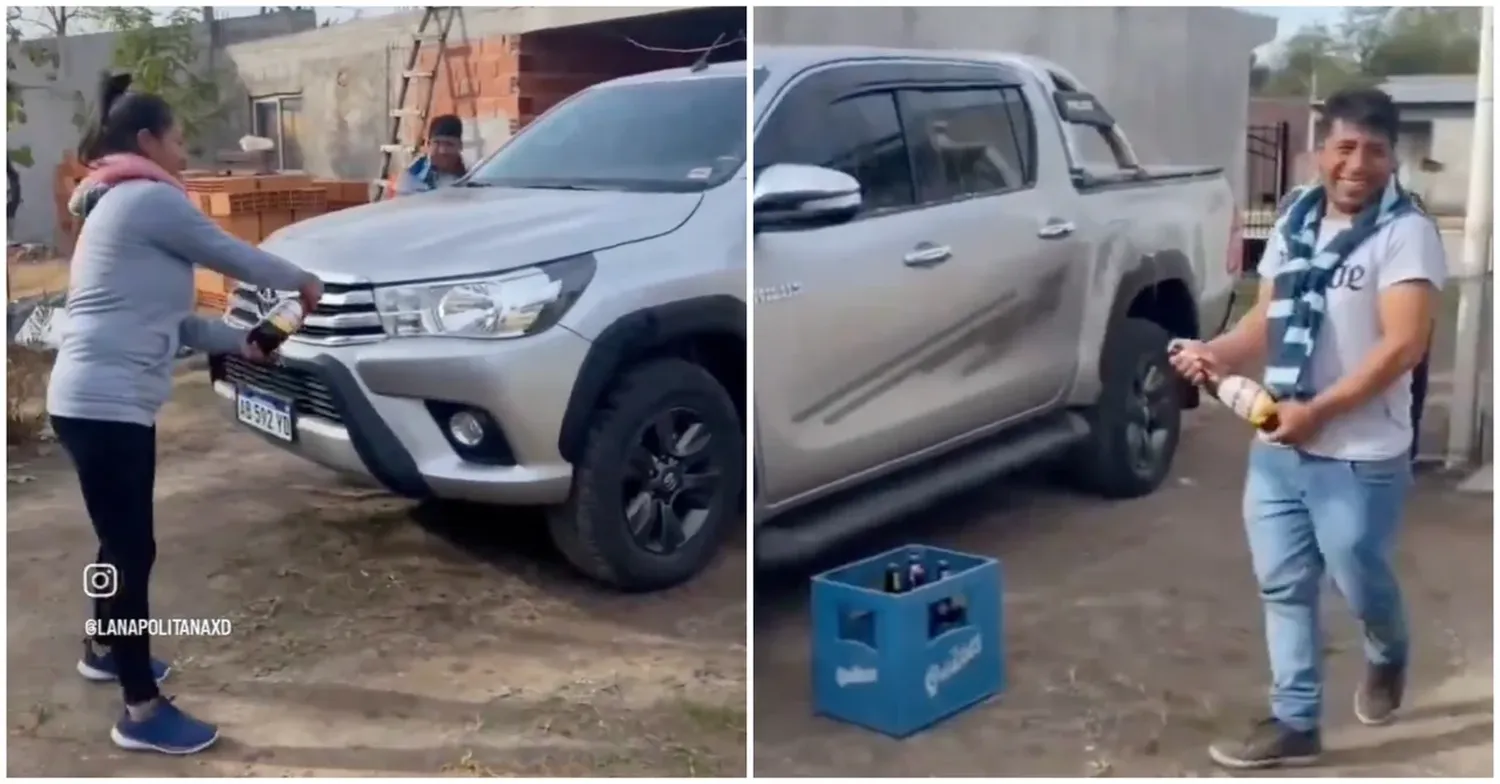 Video: le tiraron cerveza a su camioneta Hilux nueva para "bautizarla"