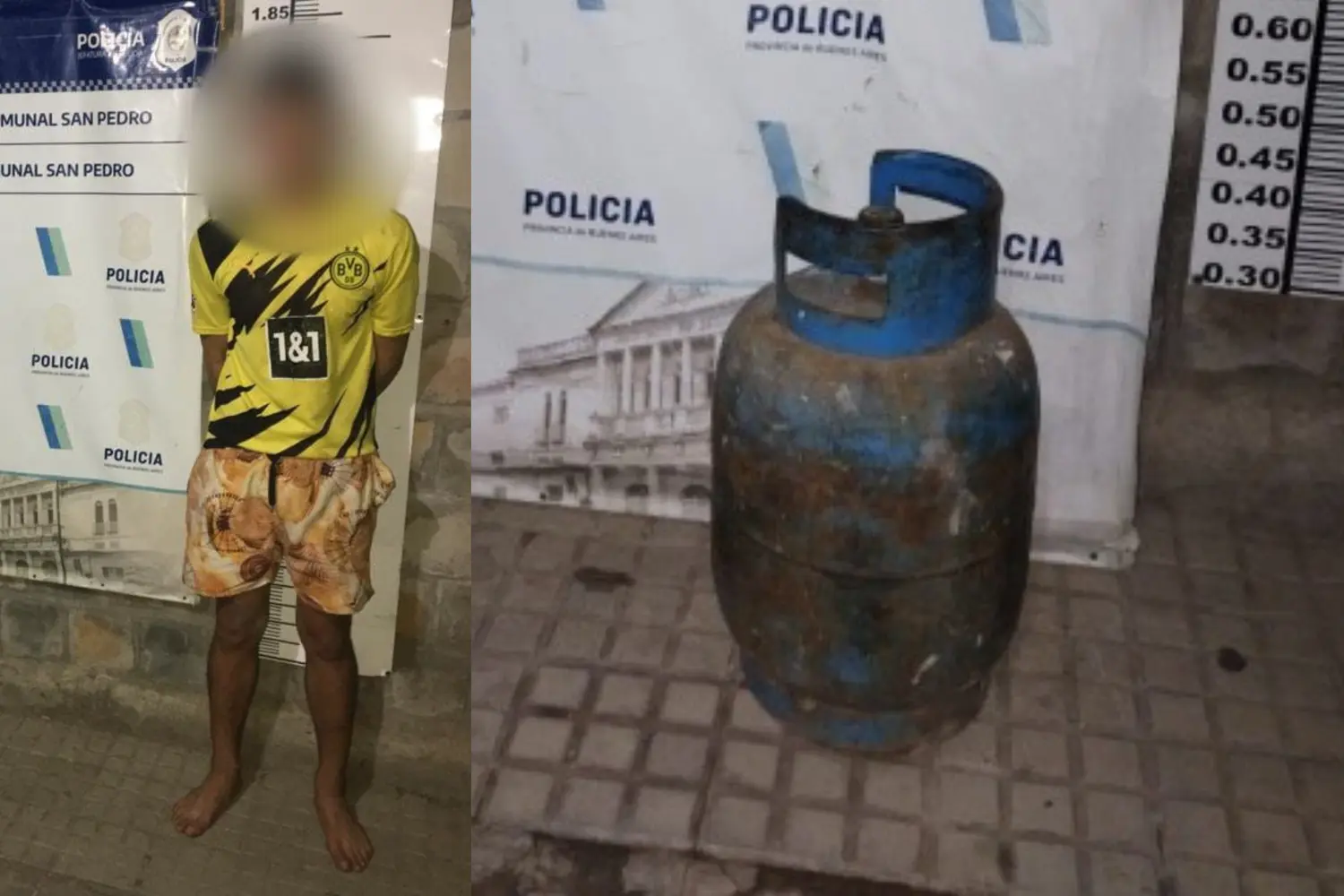 El detenido y la garrafa robada en Alvear 1200.