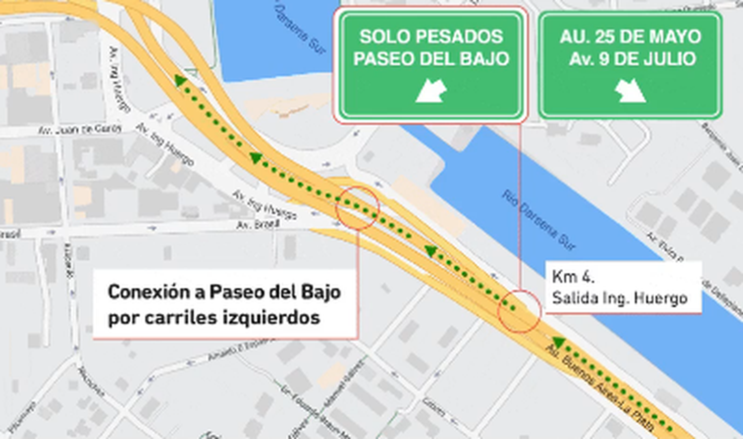 Nuevo Paseo del Bajo: Cómo ingresan camiones y micros desde autopista Buenos Aires - La Plata