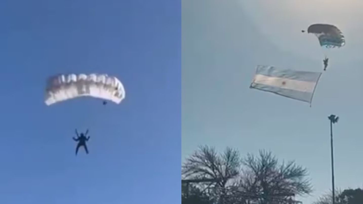 El viento desvió a los paracaidistas durante un acto por el Día de la Bandera en Villa Allende. (Video: X/@hechosanderecho - fotos: captura de video de X).