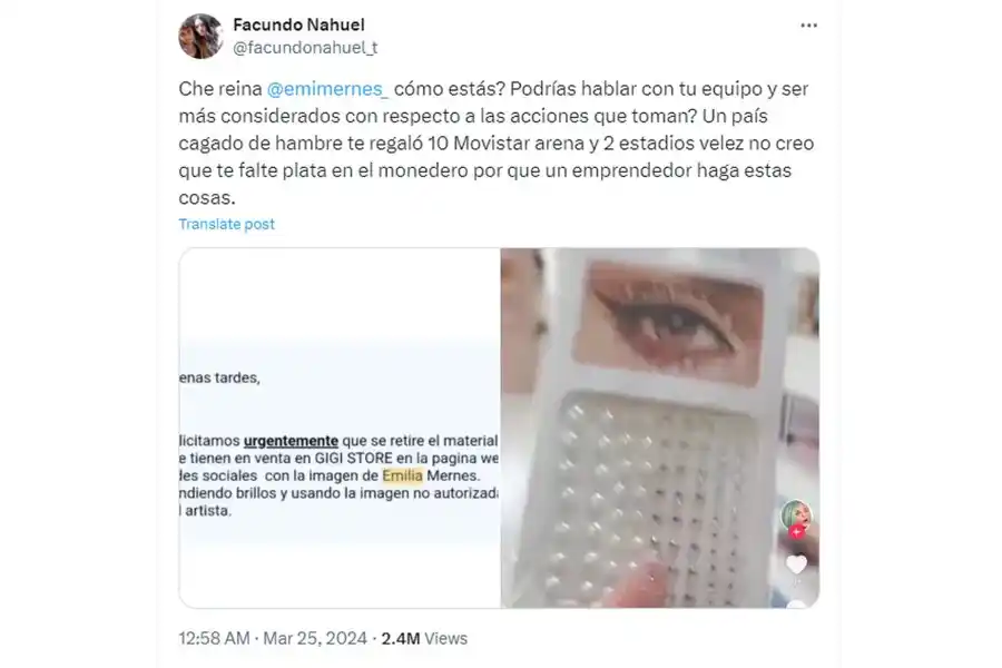 El equipo legal de Emilia intimó a un emprendimiento por vender 