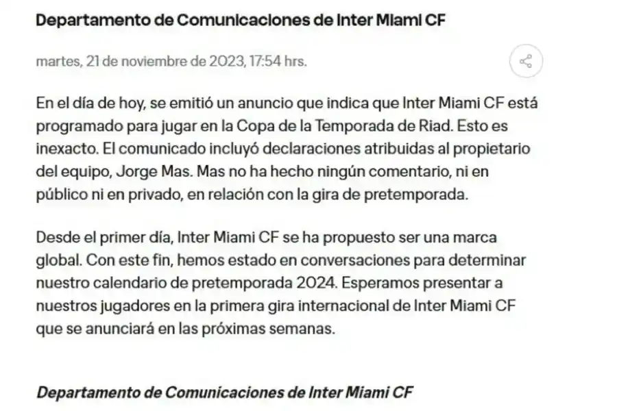 Comunicado Inter Miami FC (web oficial )