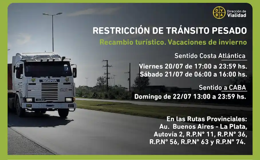 Restricción de camiones en rutas de la Provincia de Buenos Aires por las vacaciones de invierno 