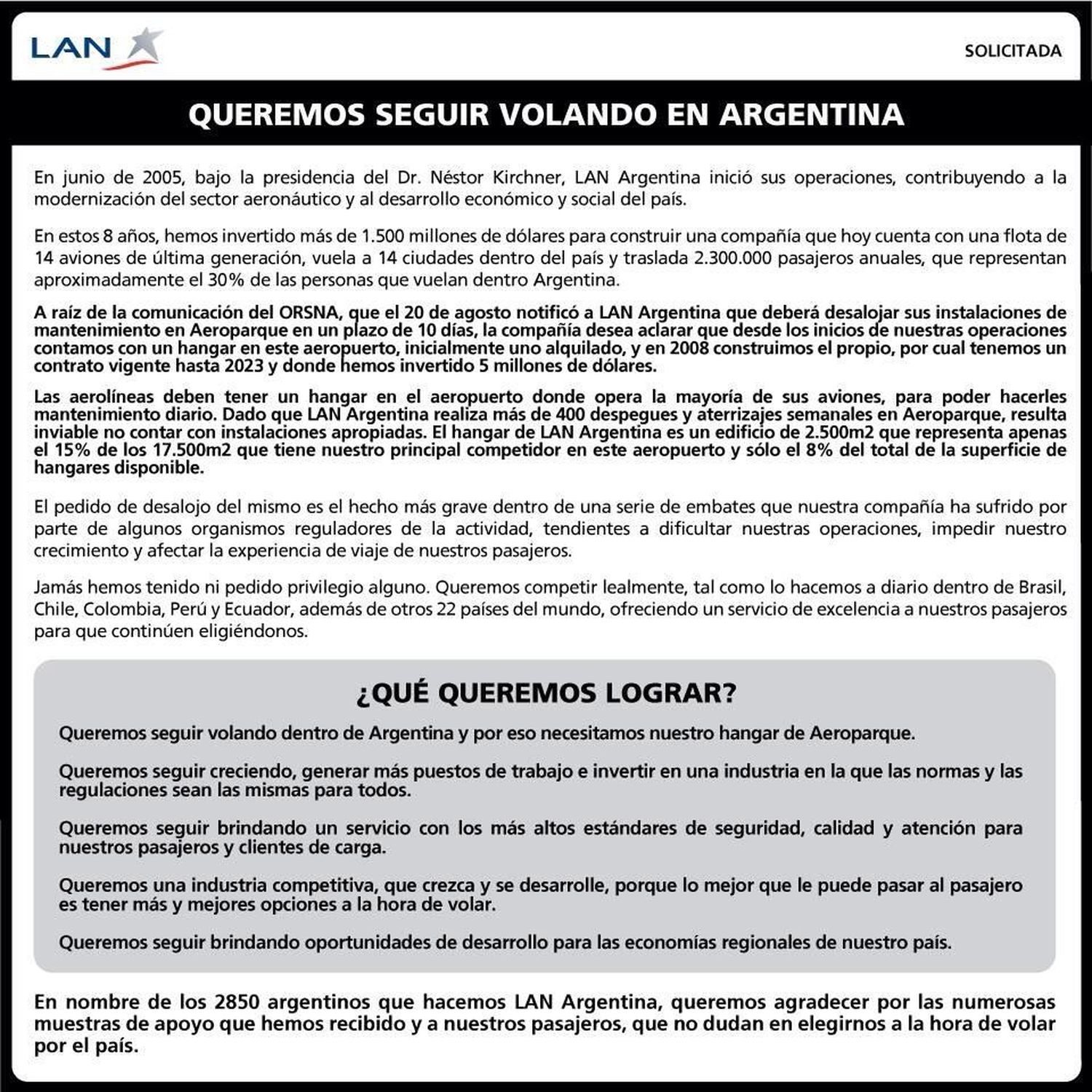 «Queremos seguir volando en Argentina», solicitada de LAN