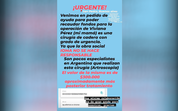 Viviana Pérez necesita una cirugía y reúnen fondos porque su obra social no la cubre