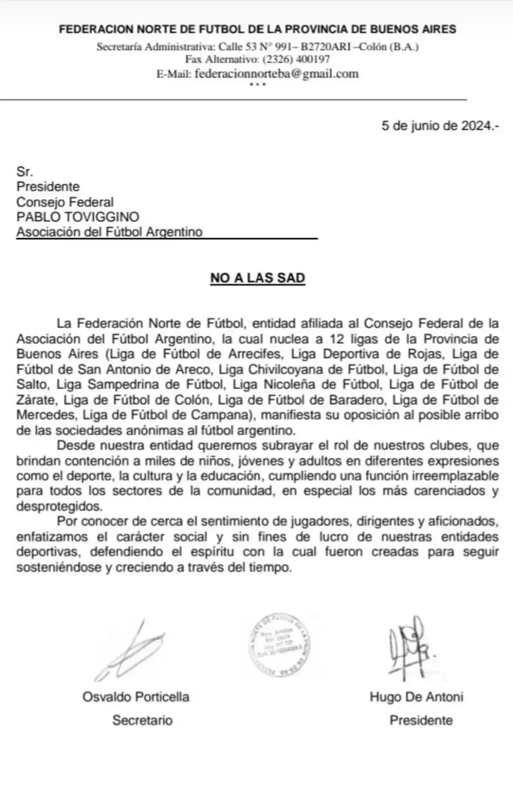 Comunicado SAD lFederación Norte