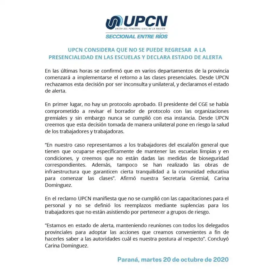 UPCN considera que no se puede regresar  a la presencialidad en las escuelas y declara estado de alerta