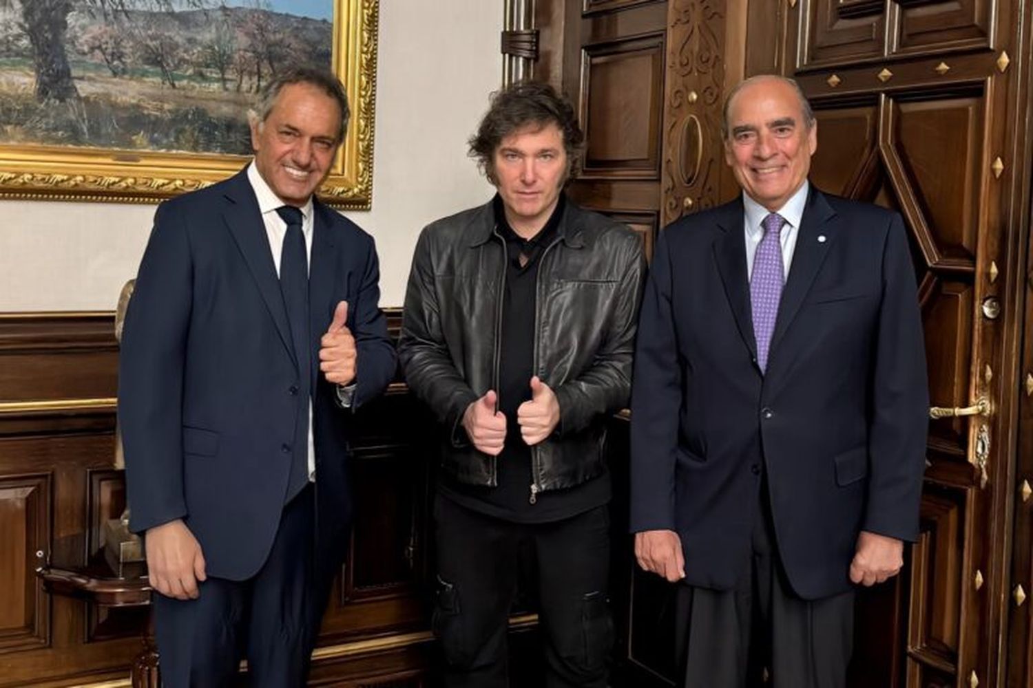 Daniel Scioli, Javier Milei y Guillermo Francos
