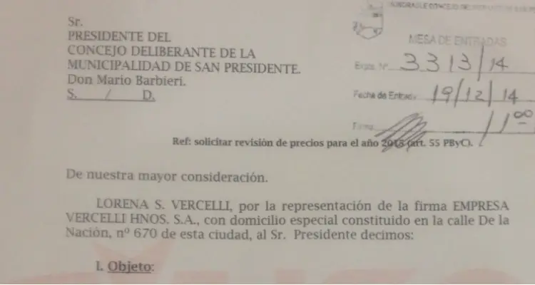 Vercelli pide revisión de las tarifas para el 2015