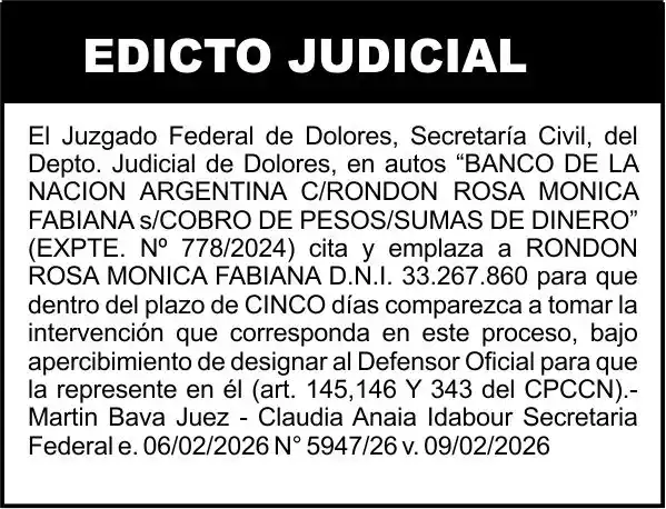 “BANCO DE LA NACION ARGENTINA C/RONDON ROSA MONICA FABIANA s/COBRO DE PESOS/SUMAS DE DINERO” (EXPTE. Nº 778/2024)