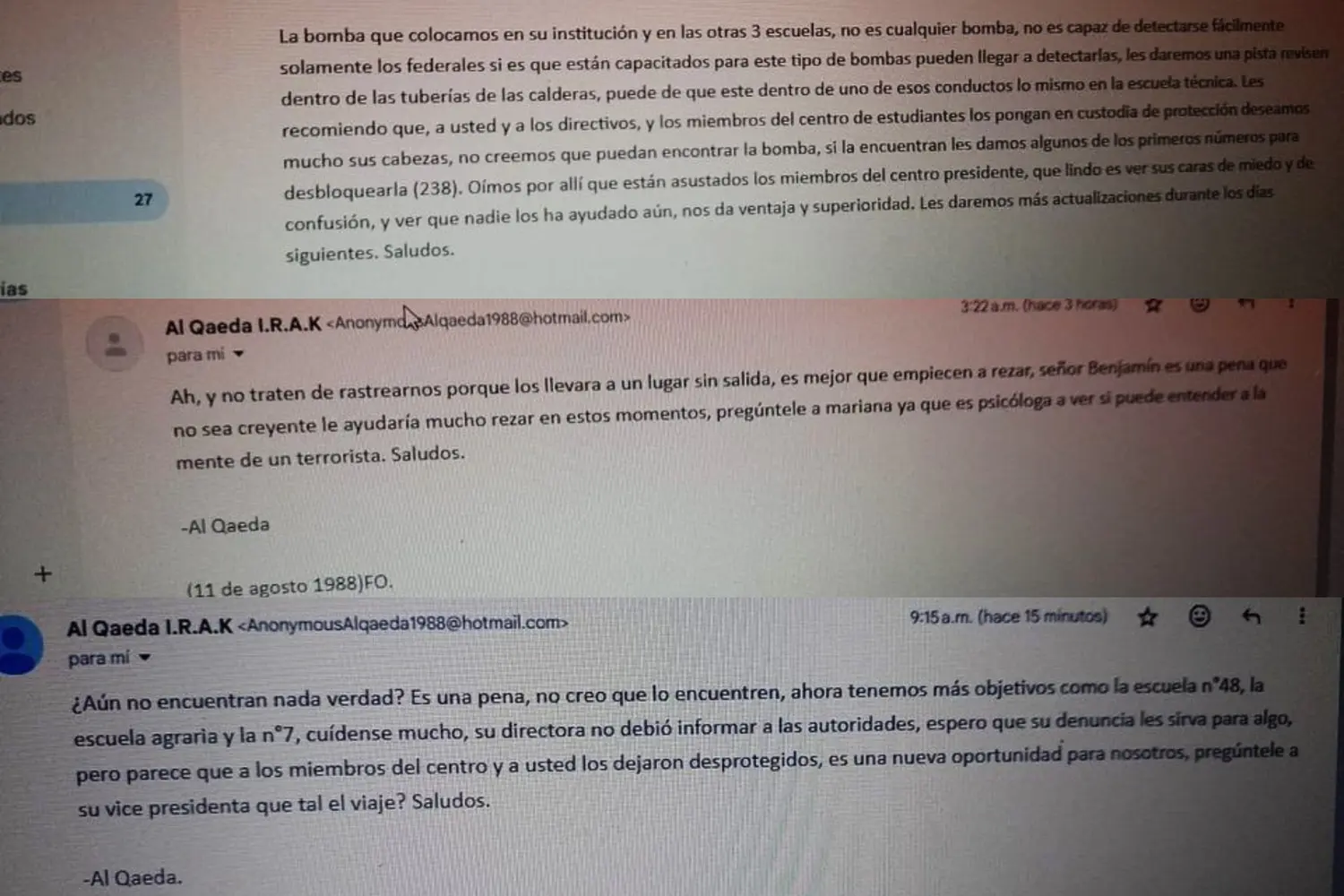 Todos los e-mails fueron enviados al presidente del Centro de Estudiantes del Normal.