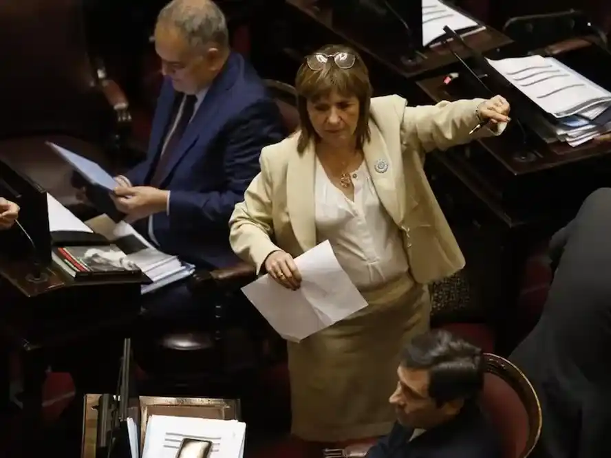 La senadora Patricia Bullrich, presidenta de la bancada de La Libertad Avanza, dio el discurso de cierre antes de que se votara la Ley de Reforma Laboral.