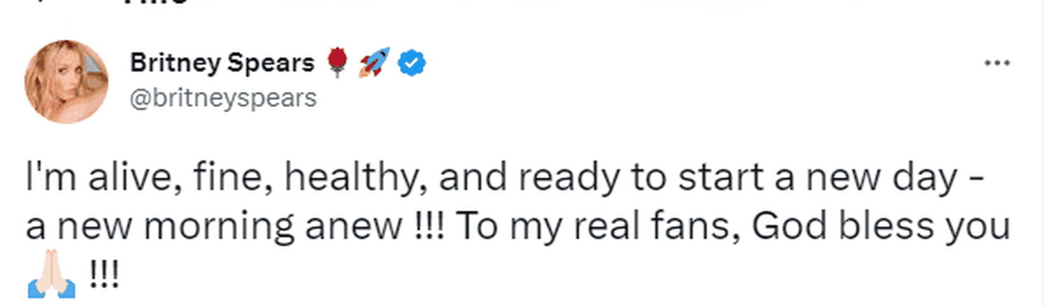 Britney aseguró que está bien, saludable y lista para siempre empezar. Foto Twitter