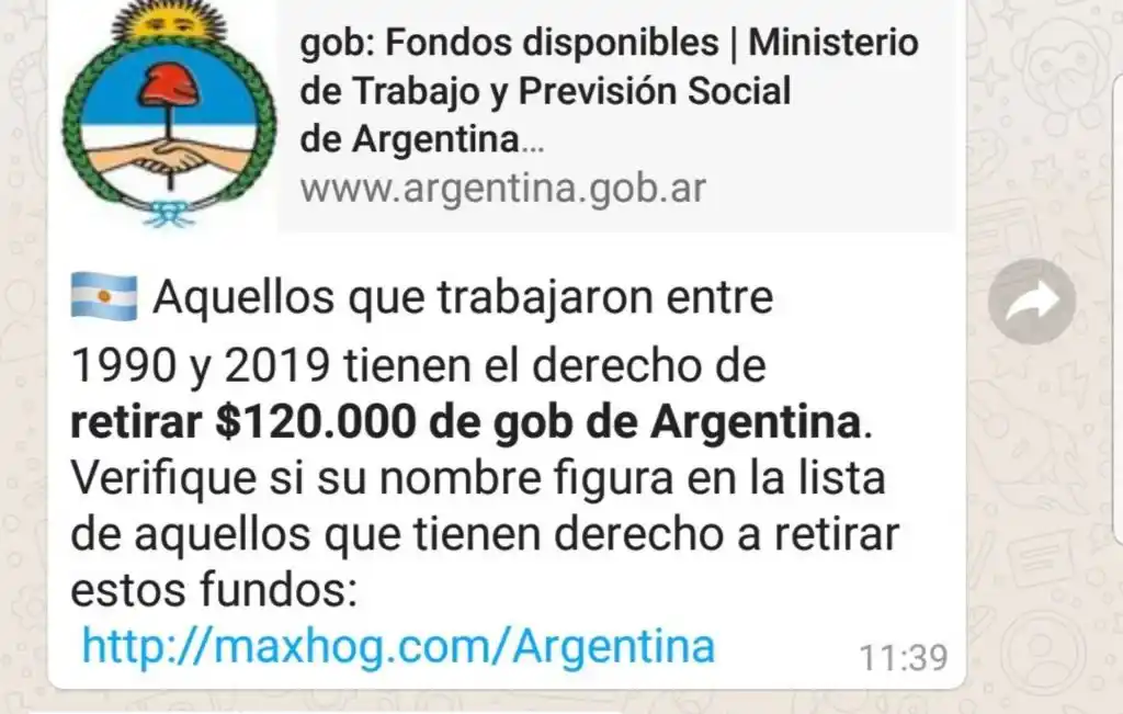 Alerta por un falso mensaje que circula en WhatsApp y dice que se pueden retirar $120 mil
