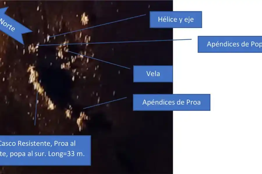 Una de las primeras imágenes que tomó el minisubmarino del casco del ARA San Juan