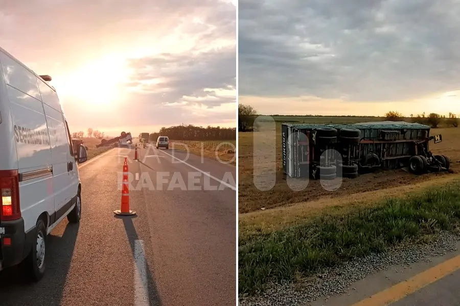 Ruta Nacional 19: un camión cargado con piedras volcó en la banquina