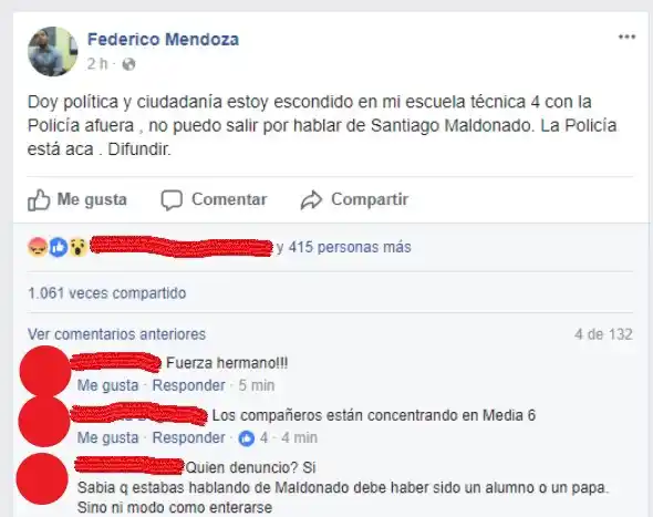 La Policía hostigó a un docente por hablar en clase del caso Maldonado