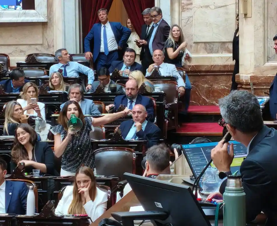 Marcela Pagano con un megáfono en la Cámara de Diputados. (X @ddeurieta)
