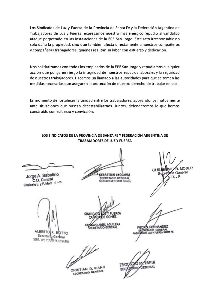 Luz y Fuerza repudió el violento ataque en las oficinas de la EPE San Jorge